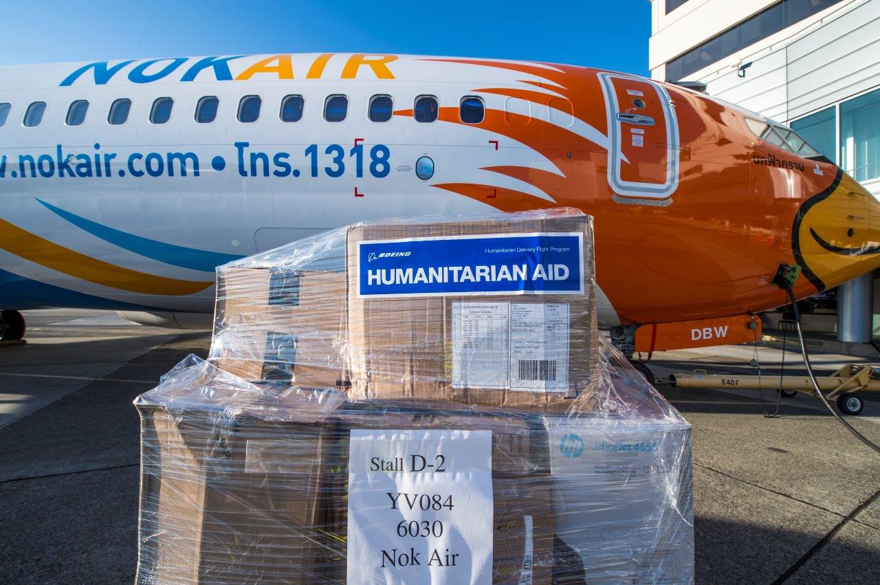 Boeing and Nok Air partnered today to launch a special humanitarian aid mission to Thailand. Pictured here are some relief items that were loaded onto Nok's new, Next-Generation 737-800, prior to takeoff from Seattle.